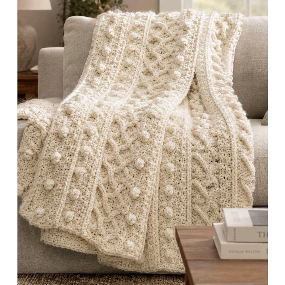 Chunky Cable Knit Bobble Crochet Throw Blanket Ivory Cottage Farmhouse Boho
